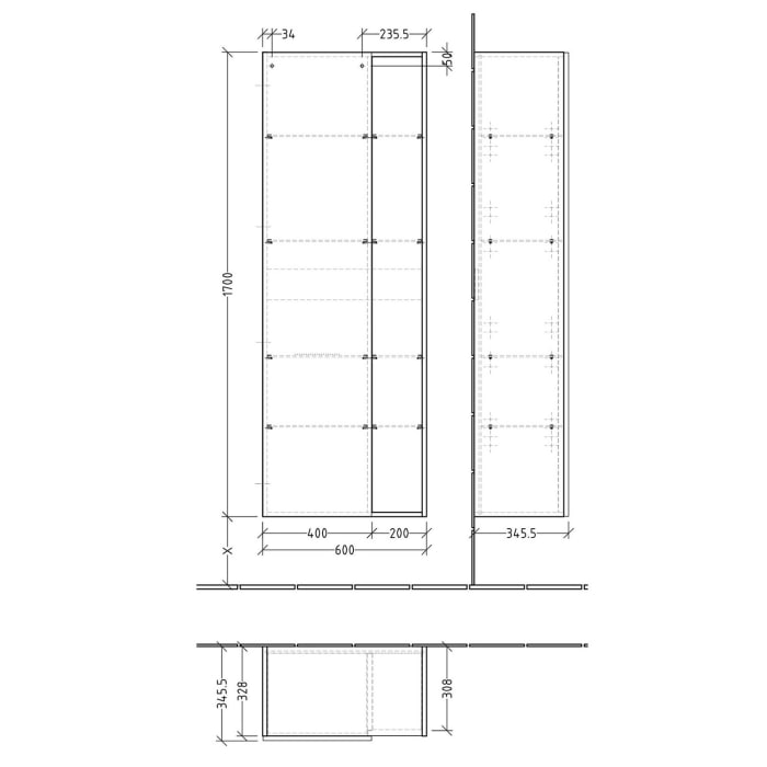 Sanipa 3way Stauraumschrank 60 cm, 1 offenes Fach rechts, 1 Tür mit Türanschlag links, mit Stangengriff