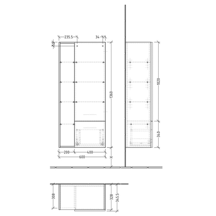 Sanipa 3way Stauraumschrank 60 cm, 1 offenes Fach links, 1 Auszug, 1 Tür mit Türanschlag rechts