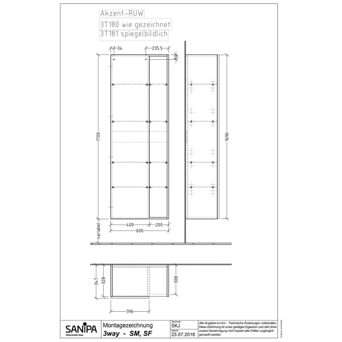 Sanipa 3way Stauraumschrank 60 cm, 1 offenes Fach links, 1 Tür mit Türanschlag rechts, mit Push to open