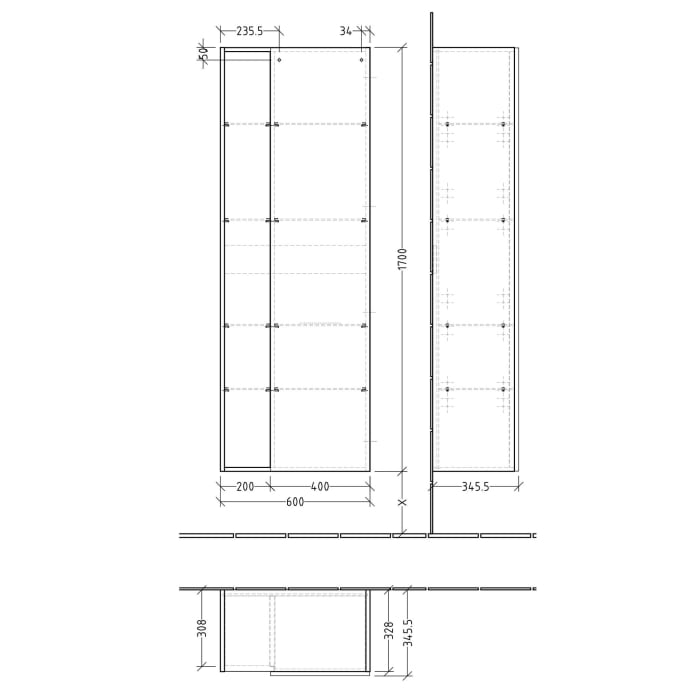Sanipa 3way Stauraumschrank 60 cm, 1 offenes Fach links, 1 Tür mit Türanschlag rechts