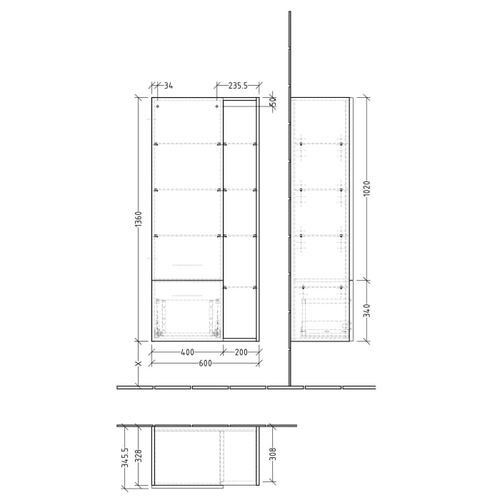 Sanipa 3way Stauraumschrank 60 cm, 1 offenes Fach rechts, 1 Auszug, 1 Tür mit Türanschlag links