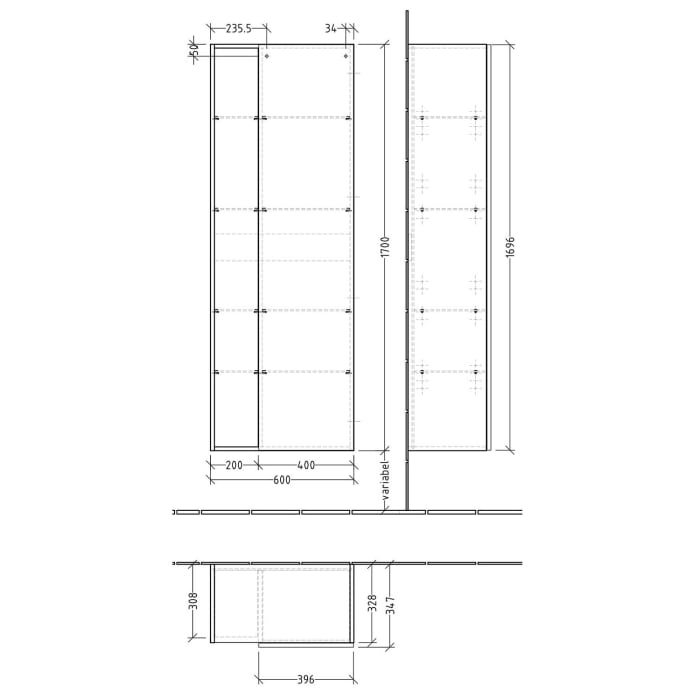 Sanipa 3way Stauraumschrank 60 cm, 1 offenes Fach links, 1 Tür mit Türanschlag rechts, mit Push to open