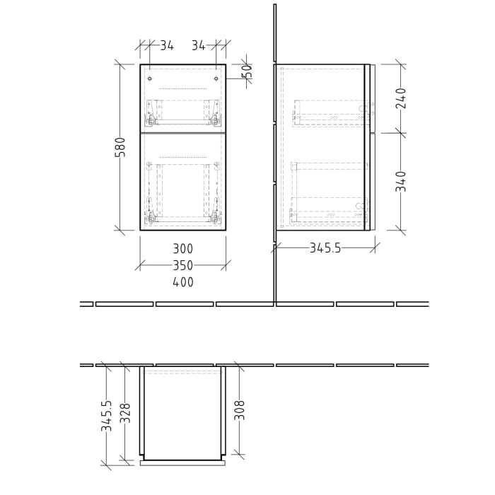 Sanipa 3way Unterschrank 40 cm, 2 Auszüge, mit Stangengriff 0100 chrom