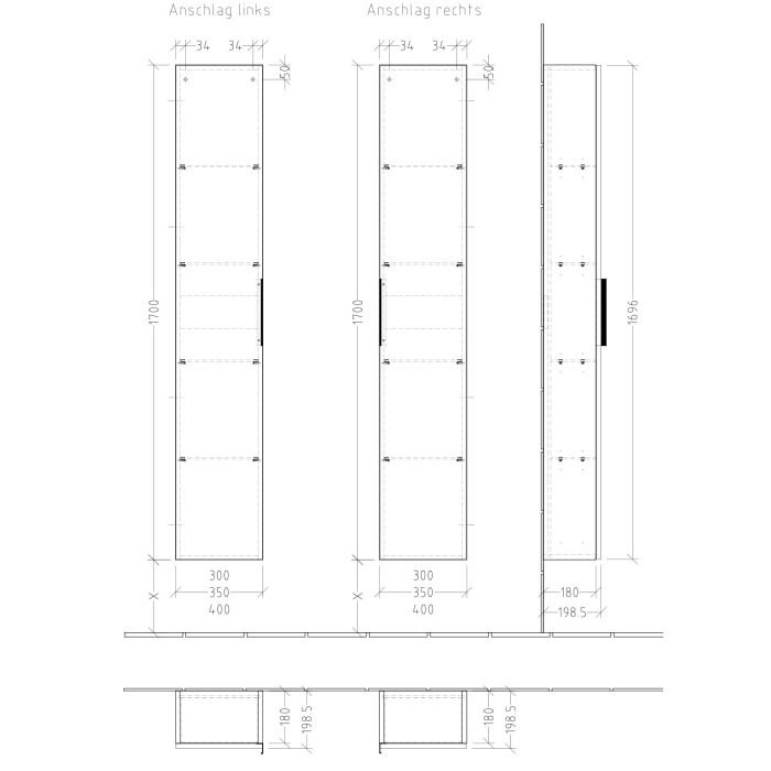 Sanipa 3way Hochschrank 30 cm tiefenreduziert, 1 Tür Anschlag rechts, mit Aufsatzgriff