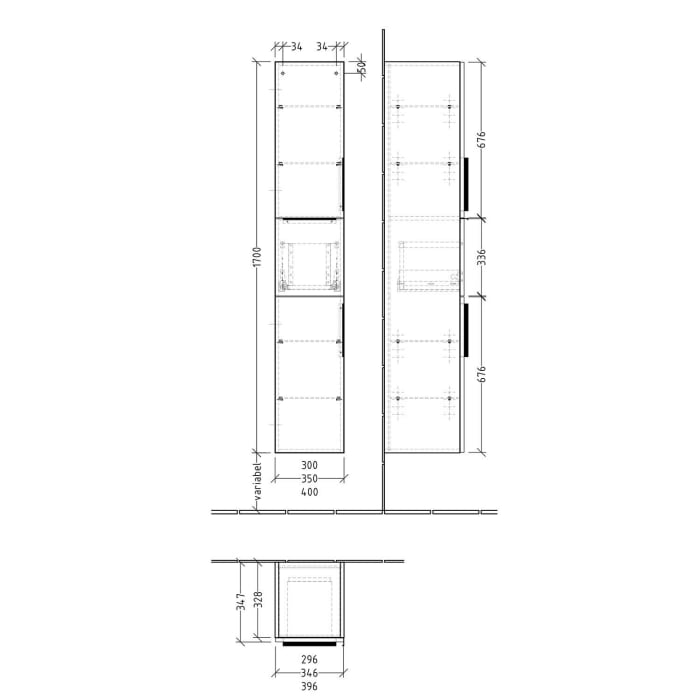 Sanipa 3way Hochschrank 35 cm, 1 Auszug, 2 Türen Anschlag links, mit Aufsatzgriff