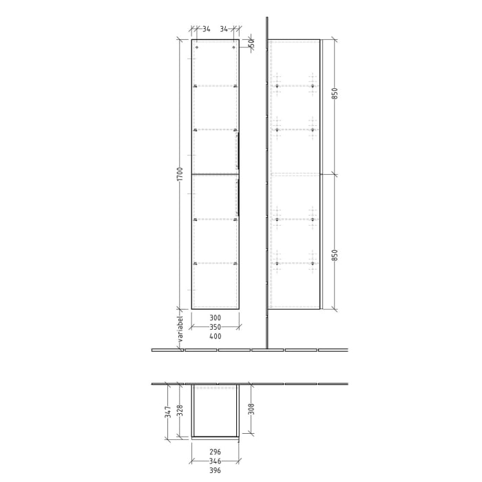 Sanipa 3way Hochschrank 30 cm, 2 Türen Anschlag links, mit Aufsatzgriff