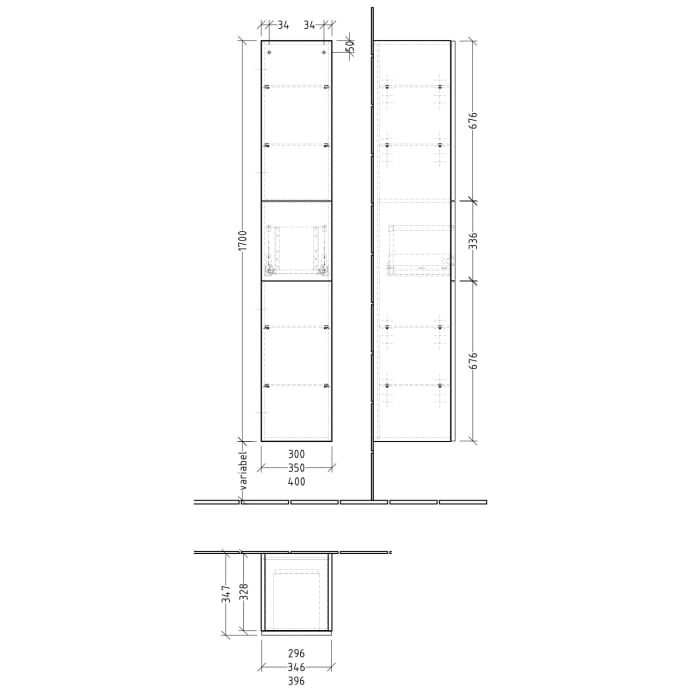 Sanipa 3way Hochschrank 35 cm, 1 Auszug, 2 Türen Anschlag links, Push to open