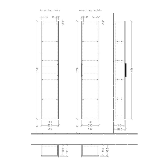 Sanipa 3way Hochschrank 35 cm tiefenreduziert, 1 Tür Anschlag rechts, mit Aufsatzgriff