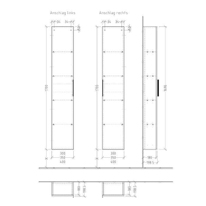Sanipa 3way Hochschrank 35 cm tiefenreduziert, 1 Tür Anschlag rechts, mit Aufsatzgriff