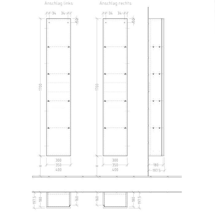 Sanipa 3way Hochschrank 40 cm tiefenreduziert, 1 Tür Anschlag rechts, mit Griffleiste