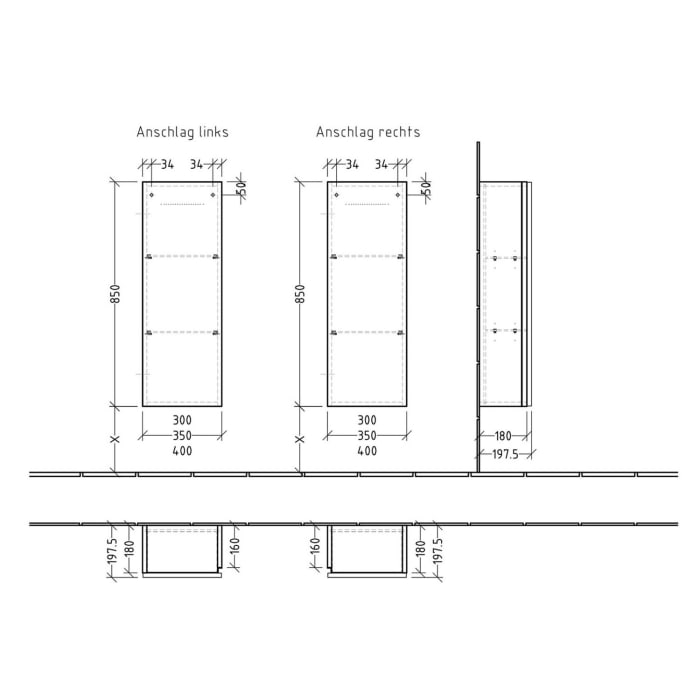 Sanipa 3way Mittelschrank 30 cm, 1 Tür, Anschlag links, mit Griff-Leiste