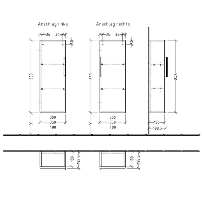 Sanipa 3way Mittelschrank 35 cm, 1 Tür, Anschlag rechts, mit Aufsatz-Griff