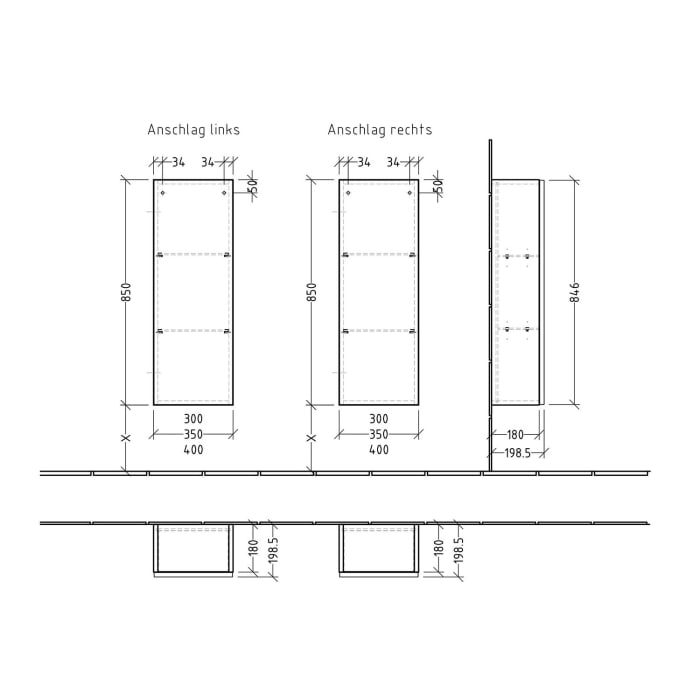 Sanipa 3way Mittelschrank 35 cm, 1 Tür, Anschlag rechts, Push to open