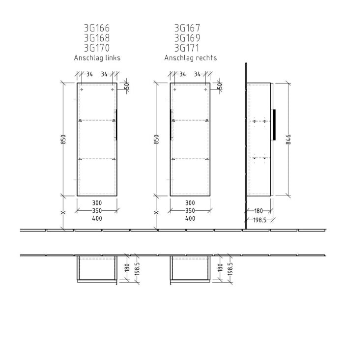 Sanipa 3way Mittelschrank 35 cm, 1 Tür, Anschlag rechts, mit Aufsatz-Griff schwarz matt
