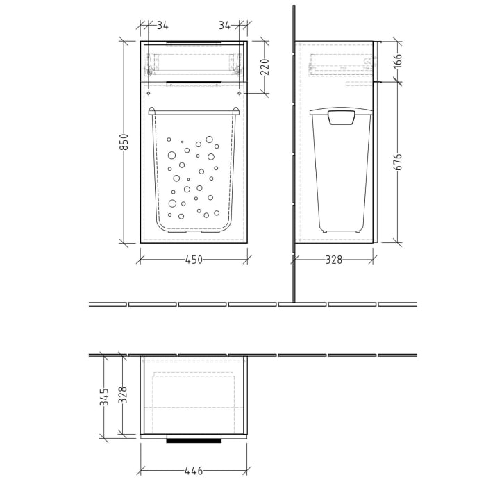 Sanipa 3way Mittelschrank 45 cm, 1 Auszug, 1 Wäschekorbklappe, mit Aufsatz-Griff