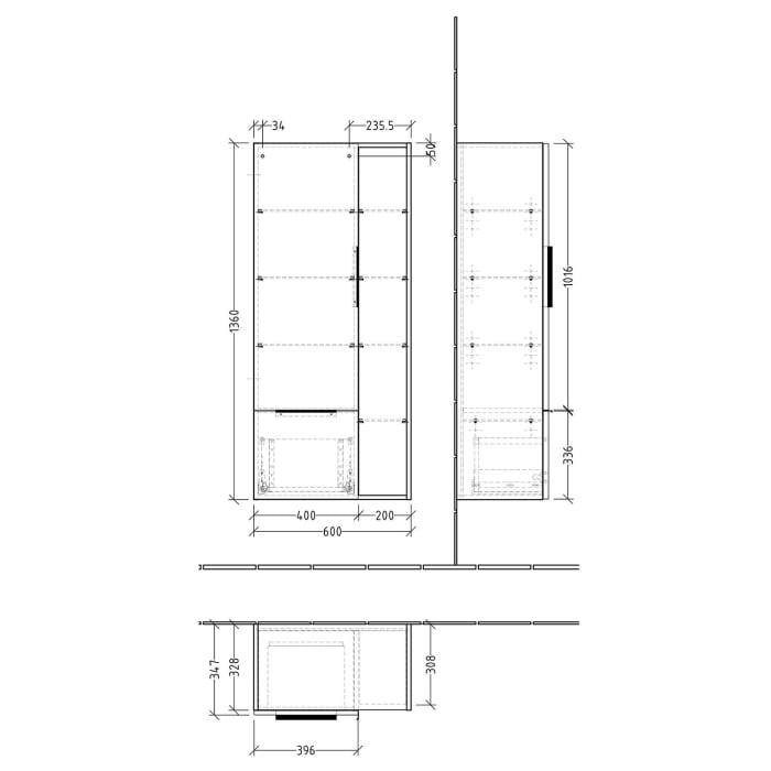 Sanipa 3way Stauraumschrank 60 cm, 1 Tür Anschlag rechts mit Aufsatzgriff, 1 offenes Fach, 1 Auszug