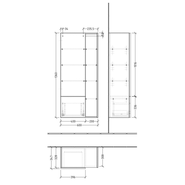 Sanipa 3way Stauraumschrank 60 cm, 1 Tür Anschlag links, Push to open, 1 offenes Fach, 1 Auszug