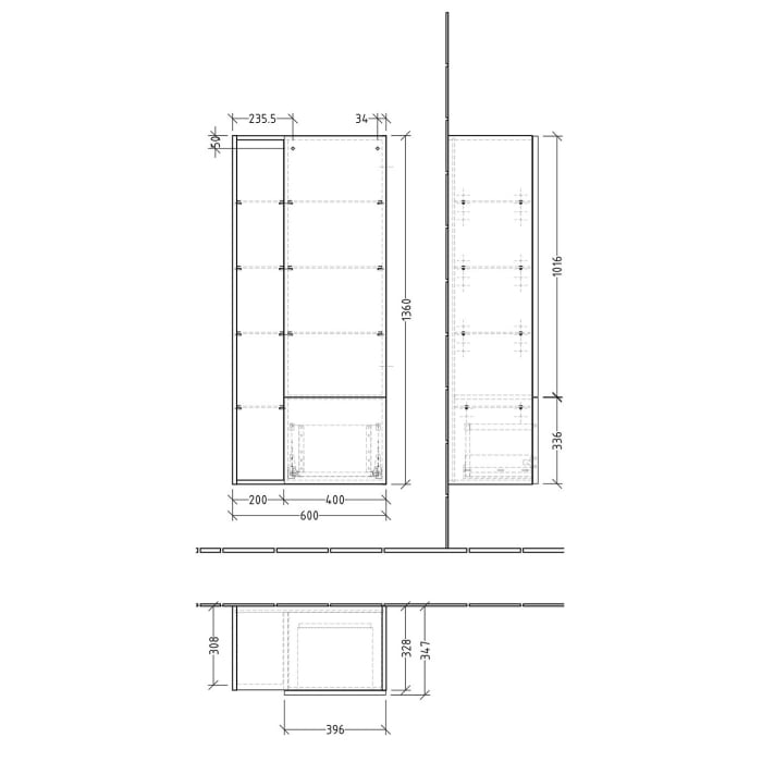 Sanipa 3way Stauraumschrank 60 cm, 1 Tür Anschlag rechts, Push to open, 1 offenes Fach, 1 Auszug