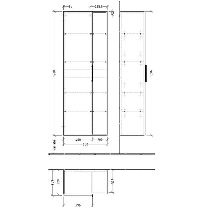 Sanipa 3way Stauraumschrank 60 cm, 1 Tür Anschlag rechts mit Aufsatzgriff, 1 offenes Fach
