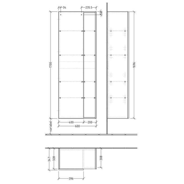 Sanipa 3way Stauraumschrank 60 cm, 1 Tür Anschlag links, Push to open, 1 offenes Fach