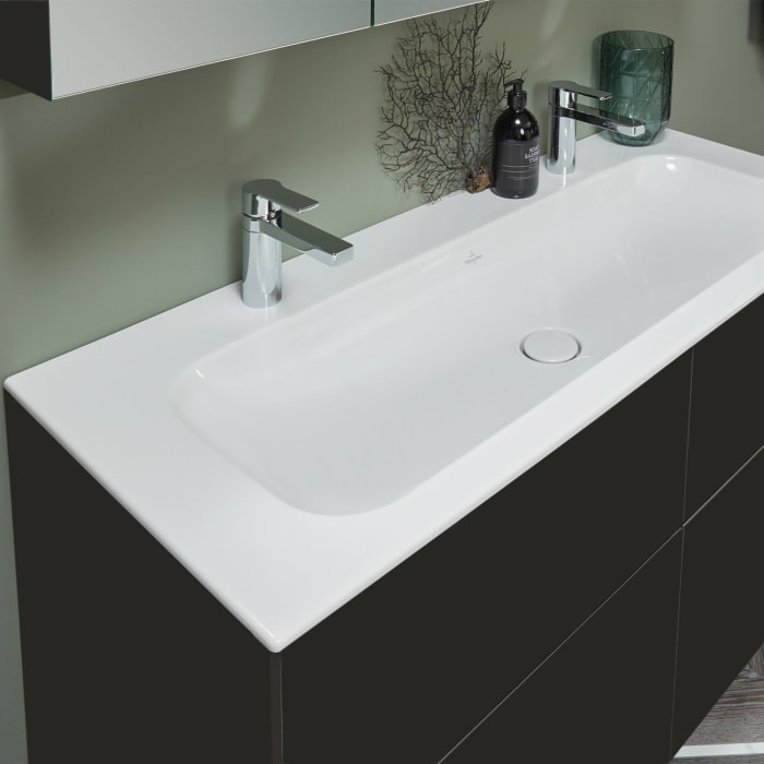 Sanipa 3way Unterschrank 120 cm, 4 Auszüge, Push to open mit Villeroy & Boch Finion Doppelwaschtisch