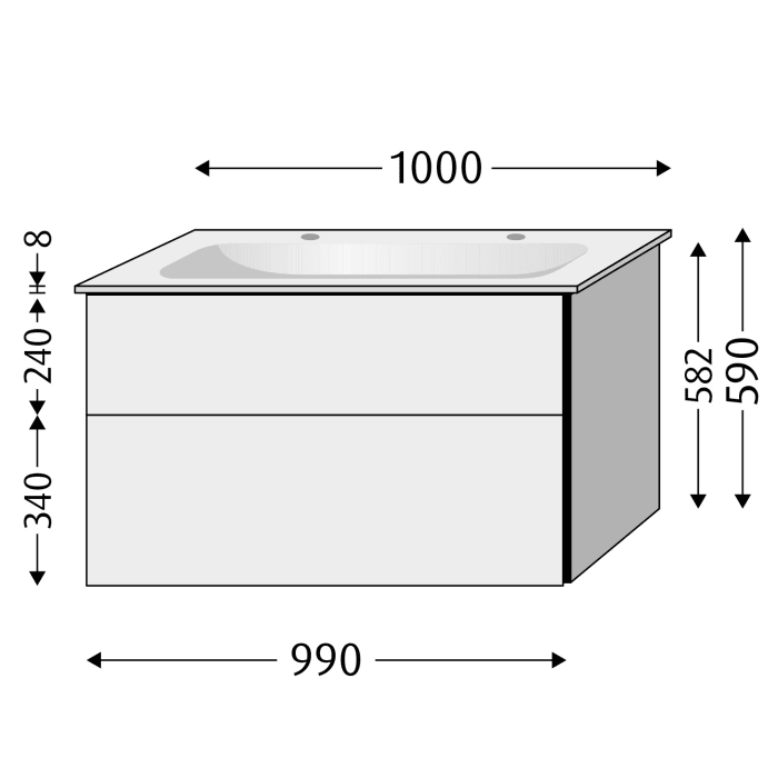 Sanipa 3way Unterschrank 100 cm, 2 Auszüge, Push to open mit Villeroy & Boch Finion Doppelwaschtisch