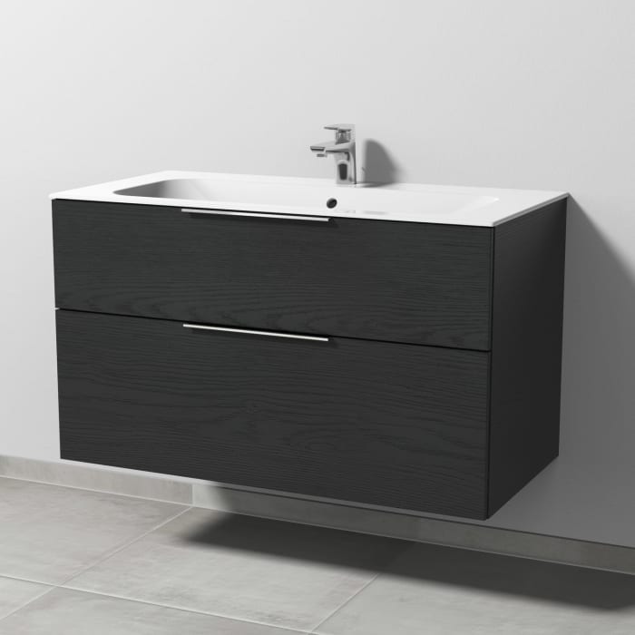 Sanipa 3way Unterschrank 100 cm, 2 Auszüge, Aufsatz-Griffe mit Villeroy & Boch Finion Waschtisch