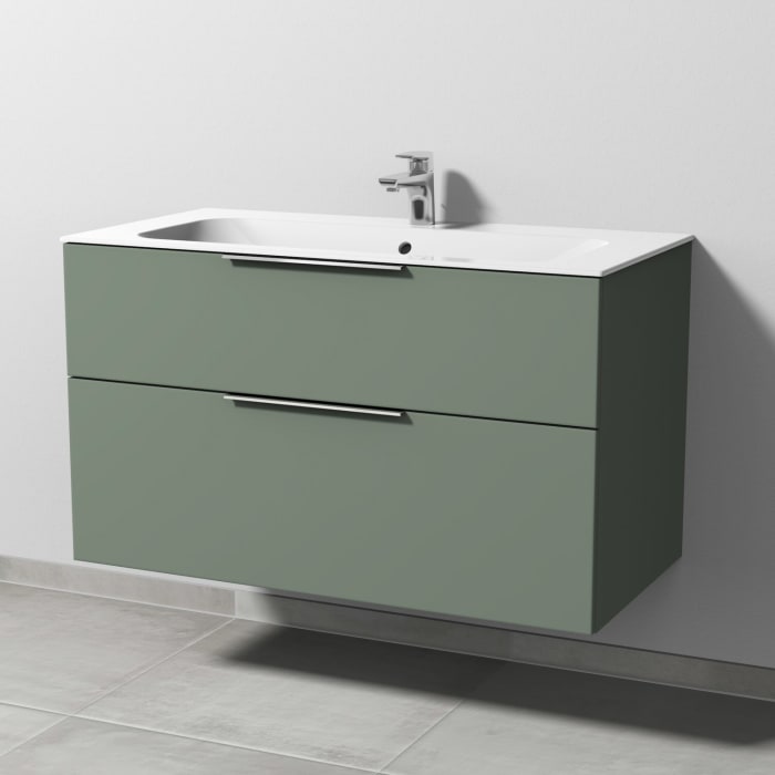 Sanipa 3way Unterschrank 100 cm, 2 Auszüge, Aufsatz-Griffe mit Villeroy & Boch Finion Waschtisch