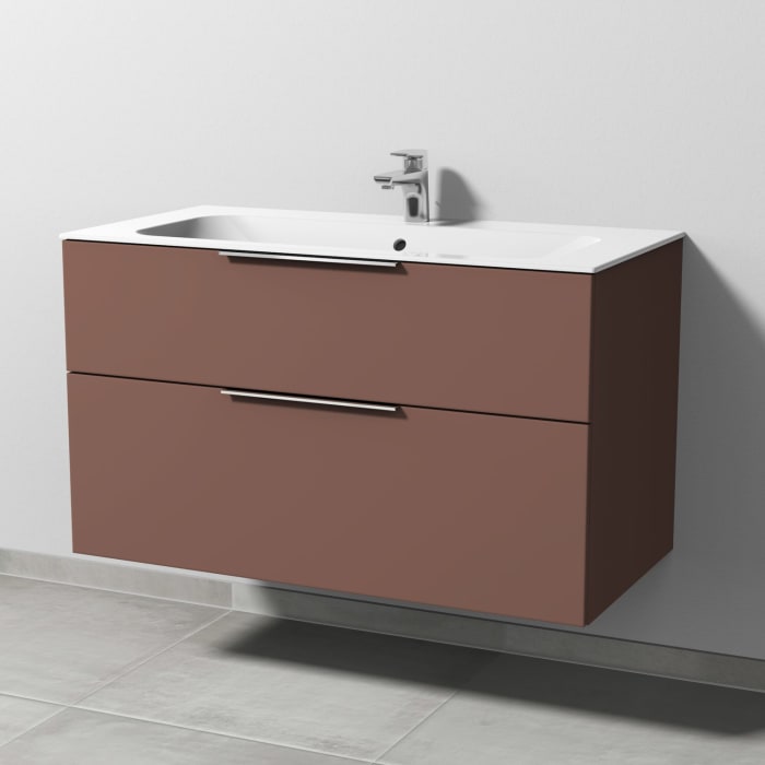 Sanipa 3way Unterschrank 100 cm, 2 Auszüge, Aufsatz-Griffe mit Villeroy & Boch Finion Waschtisch