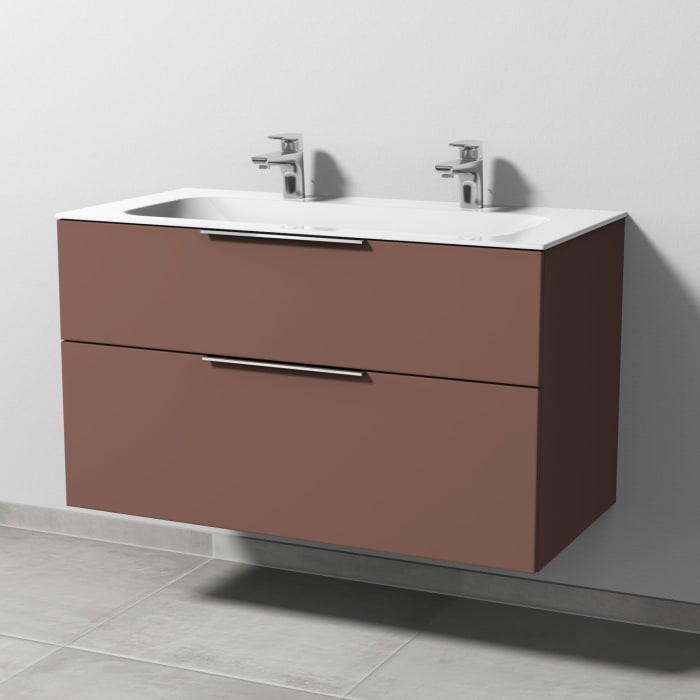 Sanipa 3way Unterschrank 100 cm, 2 Auszüge, Aufsatz-Griffe mit Villeroy & Boch Finion Doppelwaschtisch