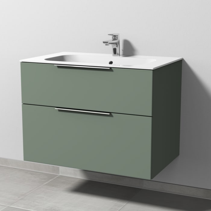 Sanipa 3way Unterschrank 80 cm, 2 Auszüge, Aufsatz-Griffe mit Villeroy & Boch Finion Waschtisch