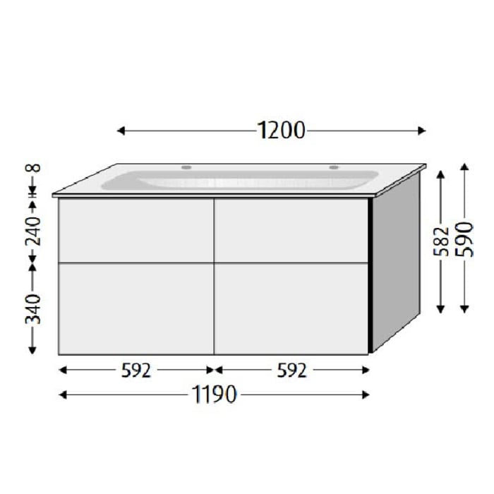 Sanipa 3way Unterschrank 120 cm, 4 Auszüge, Push to open mit Villeroy & Boch Finion Doppelwaschtisch