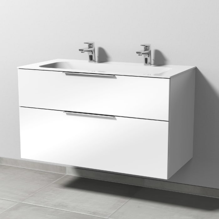 Sanipa 3way Unterschrank 100 cm, 2 Auszüge, Aufsatz-Griffe mit Villeroy & Boch Finion Doppelwaschtisch