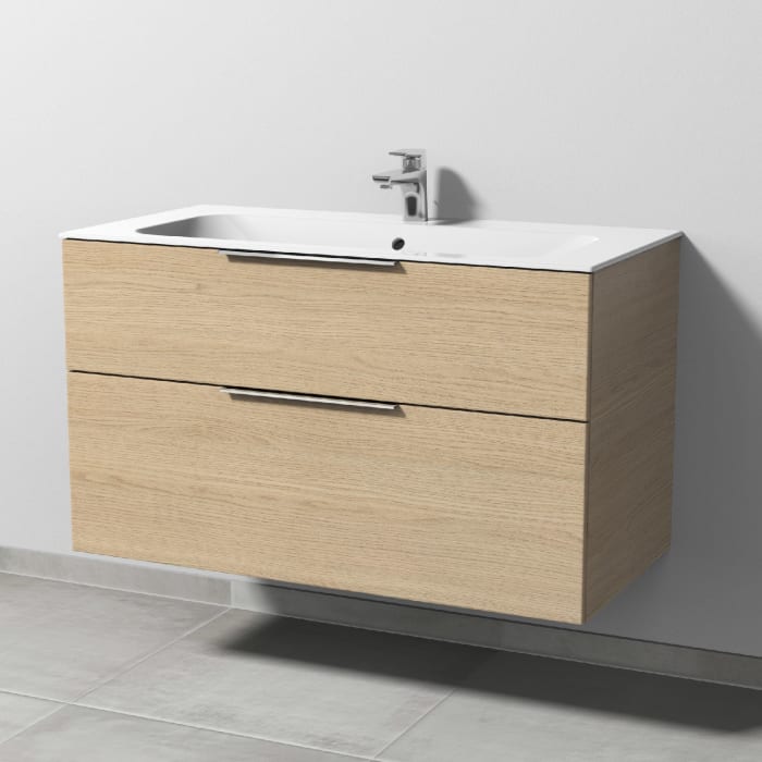 Sanipa 3way Unterschrank 100 cm, 2 Auszüge, Aufsatz-Griffe mit Villeroy & Boch Finion Waschtisch