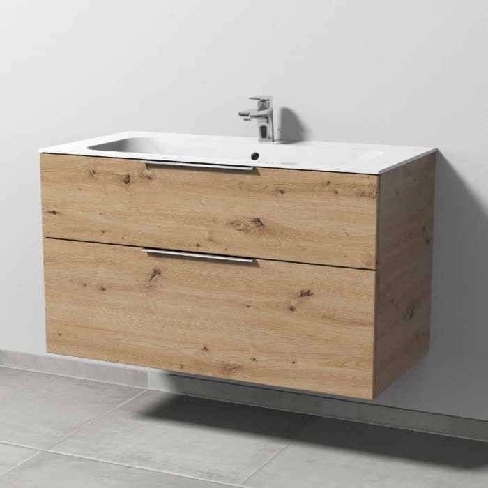 Sanipa 3way Unterschrank 100 cm, 2 Auszüge, Aufsatz-Griffe mit Villeroy & Boch Finion Waschtisch