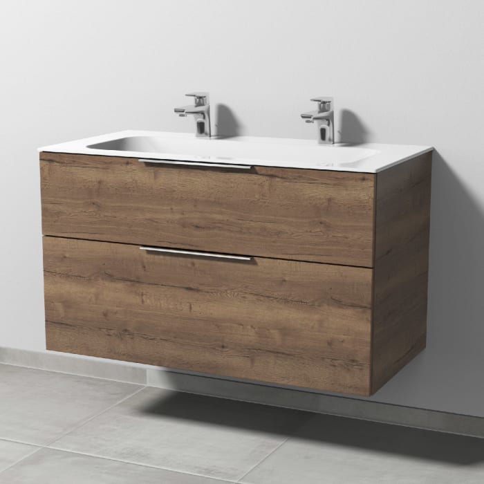 Sanipa 3way Unterschrank 100 cm, 2 Auszüge, Aufsatz-Griffe mit Villeroy & Boch Finion Doppelwaschtisch