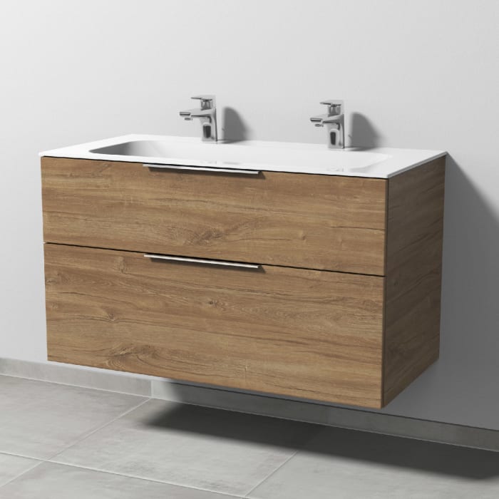 Sanipa 3way Unterschrank 100 cm, 2 Auszüge, Aufsatz-Griffe mit Villeroy & Boch Finion Doppelwaschtisch