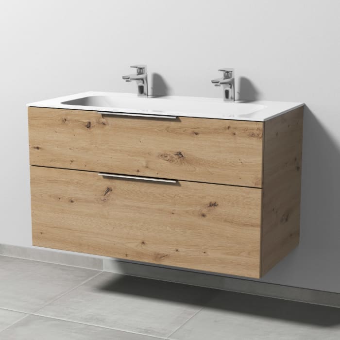 Sanipa 3way Unterschrank 100 cm, 2 Auszüge, Aufsatz-Griffe mit Villeroy & Boch Finion Doppelwaschtisch