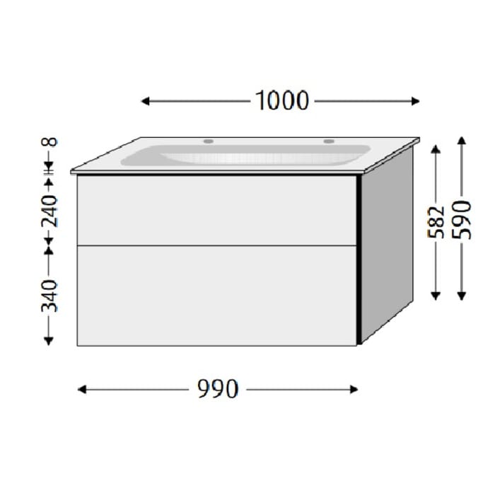 Sanipa 3way Unterschrank 100 cm, 2 Auszüge, Push to open mit Villeroy & Boch Finion Doppelwaschtisch