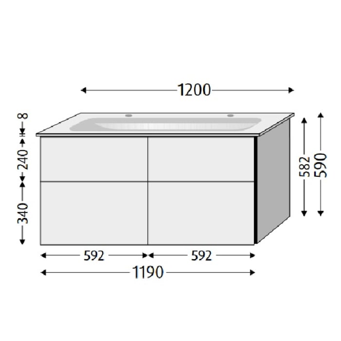 Sanipa 3way Unterschrank 120 cm, 4 Auszüge, Push to open mit Villeroy & Boch Finion Doppelwaschtisch