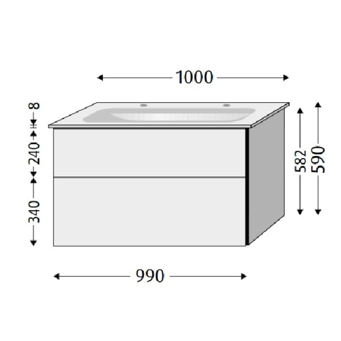 Sanipa 3way Unterschrank 100 cm, 2 Auszüge, Aufsatz-Griffe mit Villeroy & Boch Finion Doppelwaschtisch