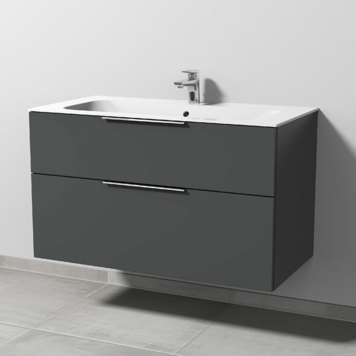 Sanipa 3way Kombination mit Keramikwaschtisch Finion 100 cm, 2 Auszüge mit Aufsatz-Griff in schwarz