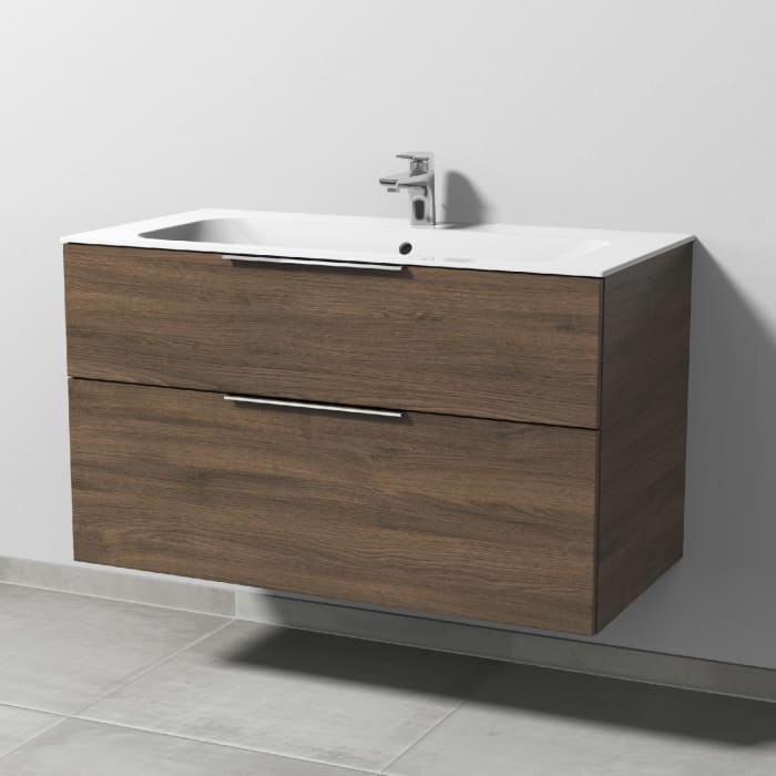 Sanipa 3way Kombination mit Keramikwaschtisch Finion 100 cm, 2 Auszüge mit Aufsatz-Griff in schwarz