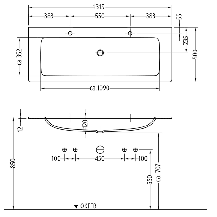 Sanipa 3way Kombination mit Glas-Doppelwaschtisch 131,5 cm, 4 Auszüge mit Griff-Leiste