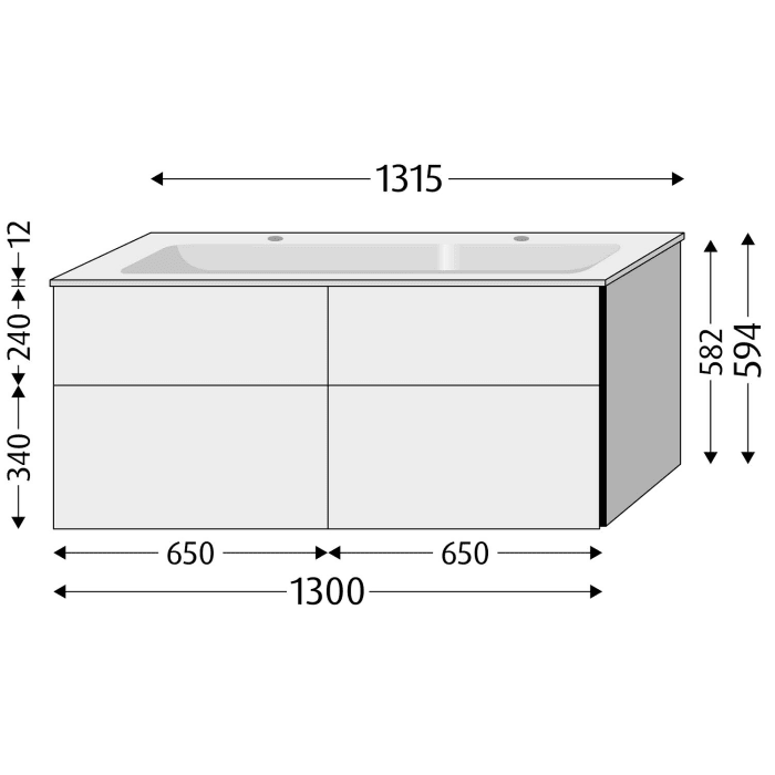 Sanipa 3way Kombination mit Glas-Doppelwaschtisch 131,5 cm, 4 Auszüge mit Griff-Leiste