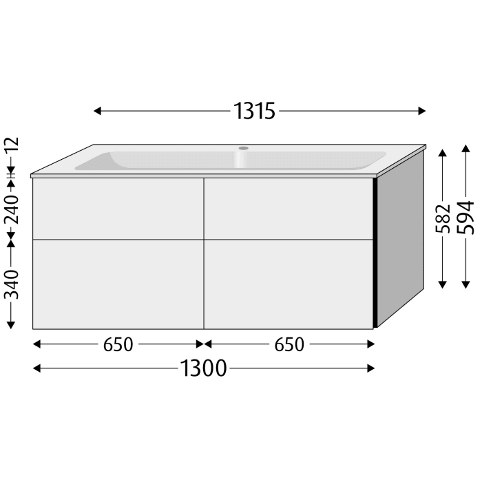 Sanipa 3way Kombination mit Glaswaschtisch 131,5 cm, 4 Auszüge mit Aufsatz-Griff