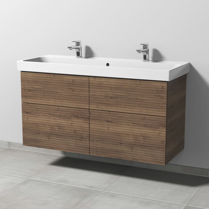 Sanipa 3way-Struktur Keramik-Doppelwaschtisch ProSmart mit Waschtischunterschrank 120 x 47 cm, 4 Auszüge