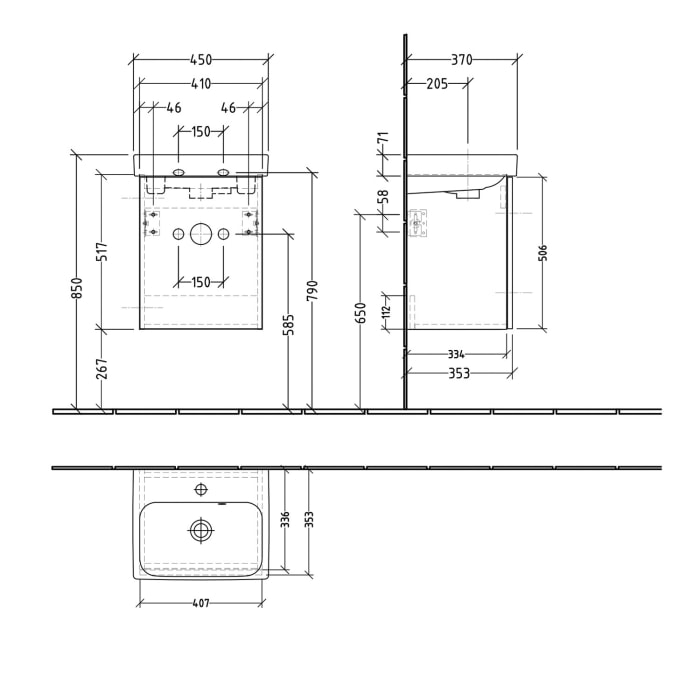 Sanipa 3way-Struktur Keramikwaschtisch ProSmart mit Waschtischunterschrank 45 x 37 cm, Türanschlag links