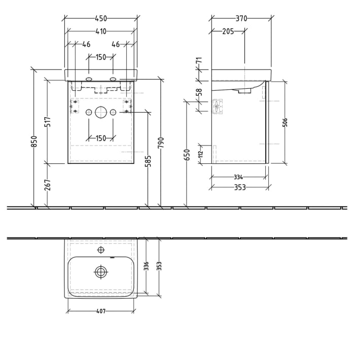 Sanipa 3way-Struktur Keramikwaschtisch ProSmart mit Waschtischunterschrank 45 x 37 cm, Türanschlag rechts
