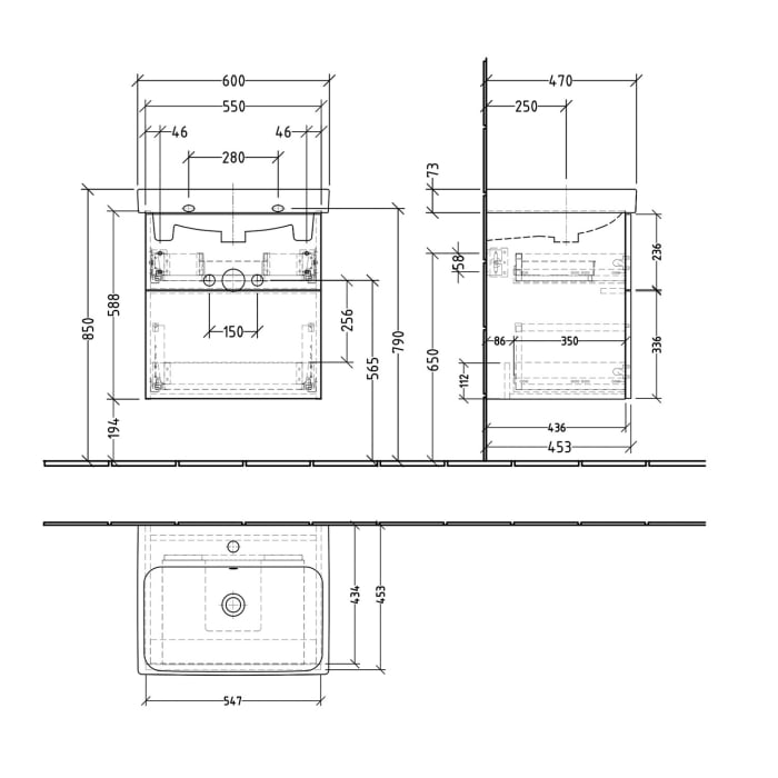 Sanipa 3way-Struktur Keramikwaschtisch ProSmart mit Waschtischunterschrank 60 x 47 cm, 2 Auszüge